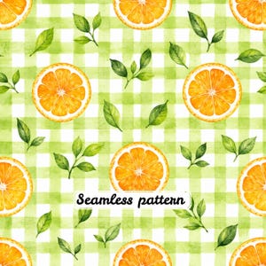 Akvarell orange gingham sömlöst mönster citrusskiva botanisk sommarpicknick tygtryck JPG
