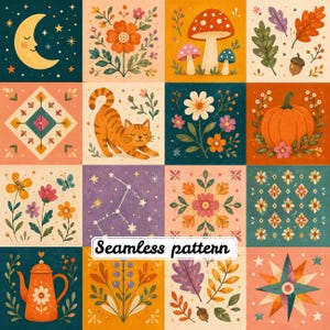 Pode incluir: Uma grade de dezasseis azulejos quadrados com um padrão contínuo de ilustrações, incluindo uma lua crescente, flores cor de laranja, cogumelos, folhas de outono, um diamante geométrico, um gato laranja a espreguiçar-se, uma abóbora e um bule.
