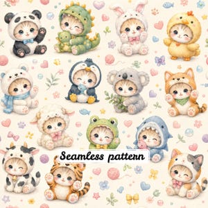 Pode incluir: Um padrão contínuo com vários gatinhos vestidos com fantasias de animais, incluindo um panda, dinossauro, coelho, pintinho, urso polar, pinguim, koala, raposa, ovelha, sapo, tubarão, vaca, tigre e gato, entre corações, flores e novelos.