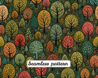 Patrón sin costuras JPG de árboles de bosque folclóricos caprichosos, tela de bosque escandinavo, estampado de árboles otoñales coloridos