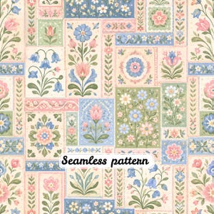 Pastel Folk Floral Patchwork Seamless Pattern JPG, Soft Scandinavian Flower Quilt, Cottagecore Fabric Design