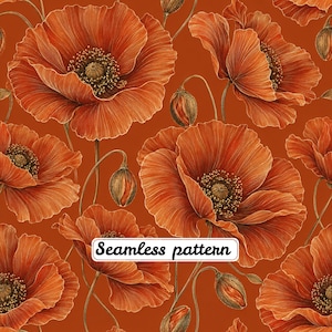 Op de afbeelding: Een naadloos patroon met gedetailleerde illustraties van oranje klaprozen en gesloten bloemknoppen tegen een effen roestoranje achtergrond. De tekst "Seamless pattern" staat in een wit rechthoekig kader in het midden van de afbeelding.