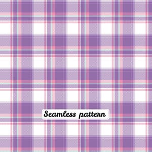 Op de afbeelding: Een naadloos ruitpatroon met een raster van kruisende lijnen in tinten paars, roze en lichtblauw op een witte achtergrond. Het ontwerp bevat een wit rechthoekig label met de zwarte tekst Seamless pattern.