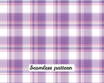 Papel digital JPG con estampado sin costuras de cuadros morados y rosas, cuadros escoceses en tonos pastel y tela estilo preppy lavanda.