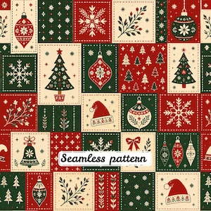 Può includere: Un motivo senza cuciture con una griglia di blocchi rettangolari in rosso, verde scuro e crema. I blocchi mostrano illustrazioni festive di alberi di Natale, fiocchi di neve, ornamenti, cappelli di Babbo Natale, campane, fiocchi e fogliame con il testo Seamless pattern.