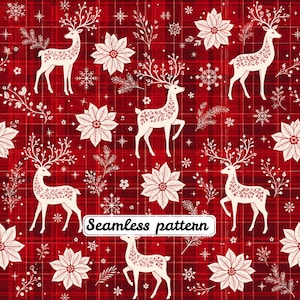 Puede incluir: Un patrón continuo con ciervos blancos de astas florales, flores de pascua blancas y copos de nieve sobre un fondo de cuadros rojo oscuro. El texto Seamless pattern aparece impreso en negro sobre una etiqueta rectangular blanca.