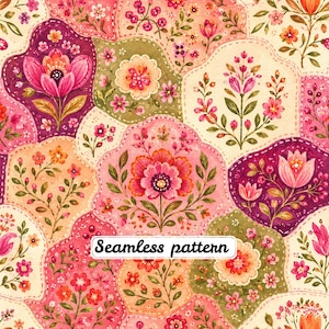 Pode incluir: Um padrão sem costuras com uma disposição repetitiva de motivos florais em tons de rosa, magenta, laranja e verde-azeitona. O design consiste em formas irregulares e arredondadas delineadas com linhas tracejadas, cada uma contendo ilustrações botânicas únicas.