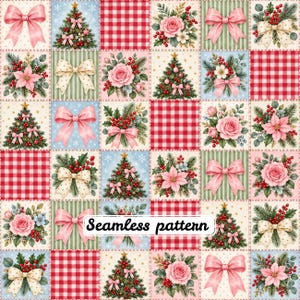 Pink Christmas Coquette Patchwork Seamless Pattern, Pink Bows Roses Gingham, Vintage Holiday Digital Paper JPG