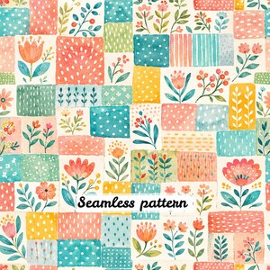 Puede incluir: Un patrón sin costuras que presenta una cuadrícula de cuadrados con ilustraciones en acuarela de varias flores, bayas y hojas en tonos coral, amarillo y verde azulado, intercaladas con lunares, rayas y guiones sobre un fondo crema.