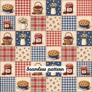 May include: A seamless pattern featuring a grid of squares with illustrations of cherry pies, baskets of cherries, white pitchers with daisies, and jars labelled Cherry Jam, interspersed with red and blue gingham and floral print squares.