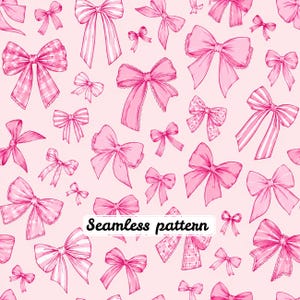 Pode incluir: Um padrão contínuo apresentando vários laços cor-de-rosa sobre um fundo rosa claro. Os laços variam em tamanho e estilo, incluindo alguns com bordas de renda, texturas xadrez e designs listrados. O texto "Seamless pattern" está centralizado.