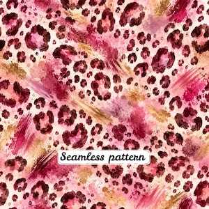 May include: A seamless pattern featuring a repeating leopard print design in shades of pink, deep magenta, and metallic gold. The background consists of watercolour-style brushstrokes and splatters, with the text Seamless pattern centred.