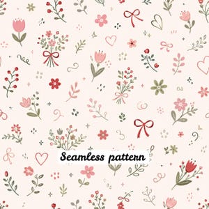 Whimsical Floral Bows Seamless Pattern, Cottagecore Wildflowers, Hearts and Botanical Doodles Digital Paper JPG