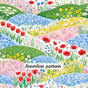 Spring Wildflower Meadow Seamless Pattern JPG | Colorful Floral Hills Cottagecore Design