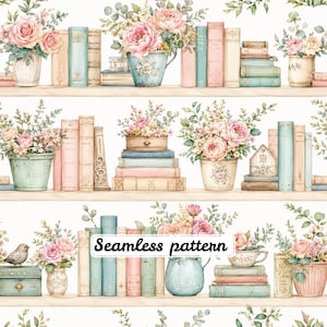 Op de afbeelding: Een naadloos patroon met planken vol boeken in pasteltinten zoals roze, blauw en crème, afgewisseld met bloemstukken in decoratieve potten en vazen. De tekst Seamless pattern staat in het midden van de afbeelding gecentreerd.