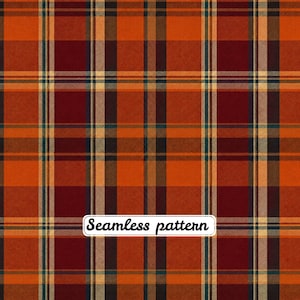 Puede incluir: Un patrón sin costuras con un diseño de cuadros con líneas horizontales y verticales que se cruzan en tonos naranja quemado, rojo intenso, marrón oscuro y finos acentos crema. El texto Seamless pattern aparece en un recuadro blanco.