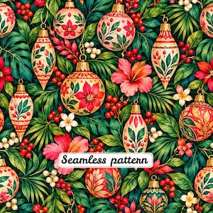 Puede incluir: Un patrón continuo con adornos navideños colgantes en formas redondas y de lágrima, decorados con flores de pascua rojas, hojas verdes y bayas. El diseño incluye flores de hibisco tropicales y flores blancas sobre un fondo de follaje verde oscuro.