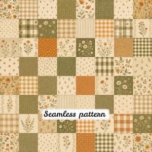 Pode incluir: Um padrão sem costuras com uma grelha de quadrados em tons de verde-azeitona, creme e laranja queimado. O design inclui várias ilustrações florais, xadrez vichy, riscas e pontos. O texto Seamless pattern está centrado.