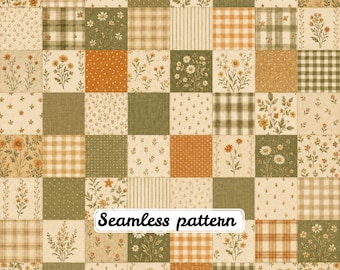 Naadloos patchworkpatroon in vintage salie- en mosterdkleur | Quiltstof met bloemenprint in cottagecore-stijl | Rustiek landelijk digitaal papier (JPG)