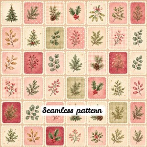 Vintage Christmas Botanical Stamps Seamless Pattern | Watercolor Holiday Patchwork | Pink Sage Winter Florals | Printable Digital Paper JPG
