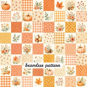 Puede incluir: Una cuadrícula de azulejos cuadrados con un patrón de temática otoñal en colores naranja y crema. El diseño incluye ilustraciones de calabazas, hojas de arce, bellotas, flores silvestres y cuadros vichy. El texto Seamless pattern está centrado.