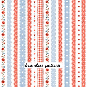 Puede incluir: Un patrón sin costuras con franjas verticales de encaje rojo, bandas azul claro con corazones blancos, cuadros vichy rojos y blancos, y delicadas enredaderas con flores rojas y azules sobre fondo blanco, con el texto Seamless pattern.
