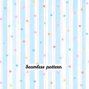 May include: A seamless pattern featuring vertical light blue stripes separated by thin pink lines, decorated with small, scattered watercolor-style stars in various pastel colors including yellow, pink, blue, and green, with the text Seamless pattern.