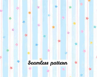 Pastel Blue Stripes & Colorful Stars Seamless Pattern, Whimsical Nursery Fabric Digital Paper
