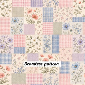Könnte beinhalten: Ein Patchwork-Stoffdesign mit einem nahtlosen Muster aus abwechselnden Quadraten. Die Quadrate zeigen florale Illustrationen von rosa, blauen und weißen Blumen sowie rosa und blaue Karomuster und kleine Blumenprints auf cremefarbenen Hintergründen.