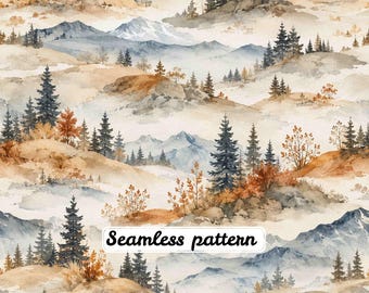 Fondo de papel digital con estampado sin costuras de paisaje montañoso en acuarela, naturaleza salvaje rústica, bosque y paisajes naturales | Cuadros tradicionales digitales