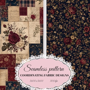 Pode incluir: Dois designs de tecido com padrões florais. O lado esquerdo mostra um patchwork de quadrados creme, bordô e azul-marinho com rosas e texto manuscrito. O lado direito exibe uma estampa floral densa em fundo azul-marinho. Texto: Seamless pattern COORDINATING FABRIC DESIGNS 3600x3600 300dpi.