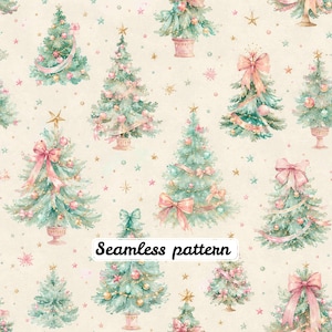 May include: A seamless pattern featuring watercolour illustrations of decorated Christmas trees in shades of green, pink, and gold on a cream background. The trees are adorned with bows, ornaments, and stars. The text Seamless pattern is visible.