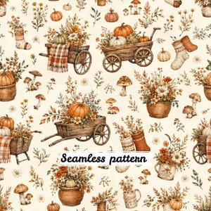 Könnte beinhalten: Ein nahtloses Muster mit Illustrationen von Holzwagen gefüllt mit Kürbissen und Blumen, verschiedenen Pilzen, Topfblumenarrangements und Strickstrümpfen auf cremefarbenem Grund. Der Text Seamless pattern ist mittig platziert.