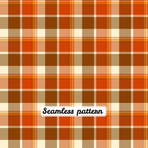 Peut inclure: Un motif à carreaux sans couture présentant une grille répétitive de lignes entrecroisées dans des tons orange, marron et crème. Le design se compose de rayures horizontales et verticales de largeurs variées créant un effet textile.