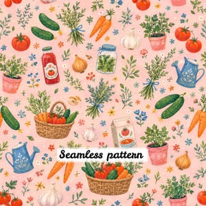 Pode incluir: Um padrão contínuo sobre um fundo rosa claro com ilustrações em aguarela de vegetais de jardim, incluindo tomates, cenouras, pepinos, alhos e cebolas, juntamente com cestos de vime, regadores azuis e ervas em vasos.