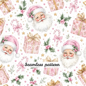 Nahtloses Weihnachtsmuster mit rosa Weihnachtsmann, Aquarell-Vintage-Weihnachtsmann-Digitalpapier, verspielter Weihnachtsstoffdruck, niedliches Weihnachtsmuster-JPG