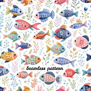 Puede incluir: Un patrón continuo que presenta varios peces coloridos y plantas acuáticas sobre un fondo blanco. Los peces están decorados con intrincados motivos florales y geométricos en tonos azul, rojo, amarillo y rosa. El texto Seamless pattern está centrado.