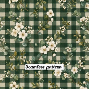 May include: A seamless pattern featuring a dark green and beige checkered background overlaid with white floral branches. The branches display small white blossoms, green leaves, and buds. A white rectangular label with the text Seamless pattern is centered on the design.