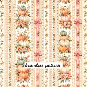 Romantic Blush Pumpkin Stripe Seamless Pattern | Watercolor Pumpkins, Roses & Lace Ribbons | Shabby Chic Fall Fabric | Digital Paper JPG