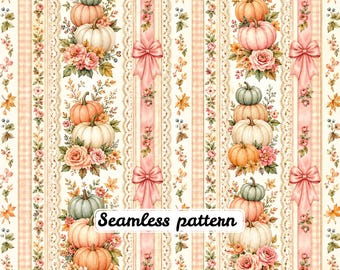 Estampado sin costuras de calabazas con rayas rosadas y románticas | Calabazas, rosas y cintas de encaje en acuarela | Tela otoñal de estilo shabby chic | Papel digital JPG