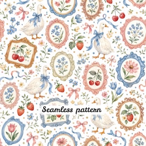 May include: A seamless pattern featuring white geese with blue ribbons, ornate picture frames containing floral and fruit illustrations, strawberries, cherries, and pink bows on a white background with the text Seamless pattern.