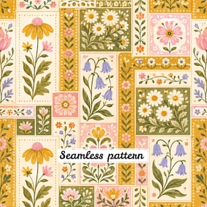 Pastel Folk Floral Patchwork Seamless Pattern JPG, Soft Scandinavian Flower Quilt, Cottagecore Fabric Design