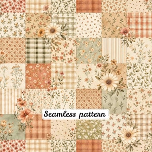 May include: A patchwork design featuring a grid of squares with various floral, plaid, striped, and heart patterns in muted orange, green, and cream tones. Large white daisy illustrations are layered over the grid with the text Seamless pattern.