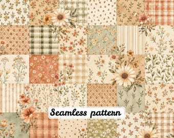 Patrón sin costuras de patchwork floral vintage estilo cottagecore, colcha con acuarela a cuadros, flores silvestres, botánica digital, estampado floral cottagecore JPG
