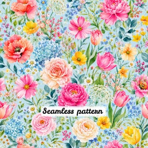 Motivo floreale senza soluzione di continuità ad acquerello "Giardino primaverile", carta digitale Cottagecore con fiori selvatici, stampa su tessuto con peonie, tulipani e ortensie, JPG