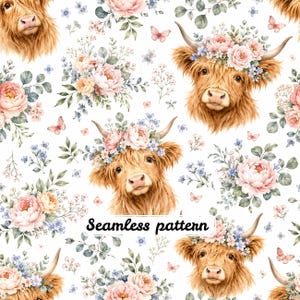 Highland Cow Floral Seamless Pattern | Watercolor Highland Cattle with Pink Flowers | Cottagecore Farmhouse Fabric | Cute Cow Textile JPG