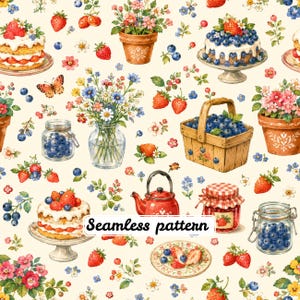 Pode incluir: Um padrão contínuo com ilustrações de bolos com morangos e mirtilos, flores em vasos, uma cesta de mirtilos, um pote de vidro com mirtilos, um bule vermelho, um pote de geleia com tampa xadrez e fatias de morango em um prato.