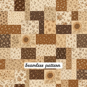 May include: A seamless pattern featuring a patchwork design of rectangular blocks in various shades of brown, cream, and tan. The blocks display diverse floral prints, including small blossoms, leafy vines, and detailed sunflower illustrations.