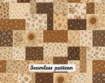 Vintage bruin bloemenpatchwork naadloos patroon | Rustieke cottage quiltstof | Neutraal zonnebloem landelijk digitaal papier JPG