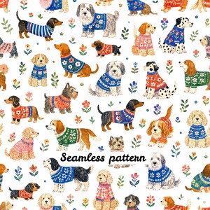 Op de afbeelding: Een naadloos patroon met diverse hondenrassen in kleurrijke truien met bloem- en geometrische motieven, afgewisseld met kleine geschilderde bloemen en blaadjes op een witte achtergrond. De tekst Seamless pattern staat in het midden.